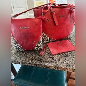 Montana West Red Leopard Accent Leather 3-Piece Handbag, Crossbody & Wristlet